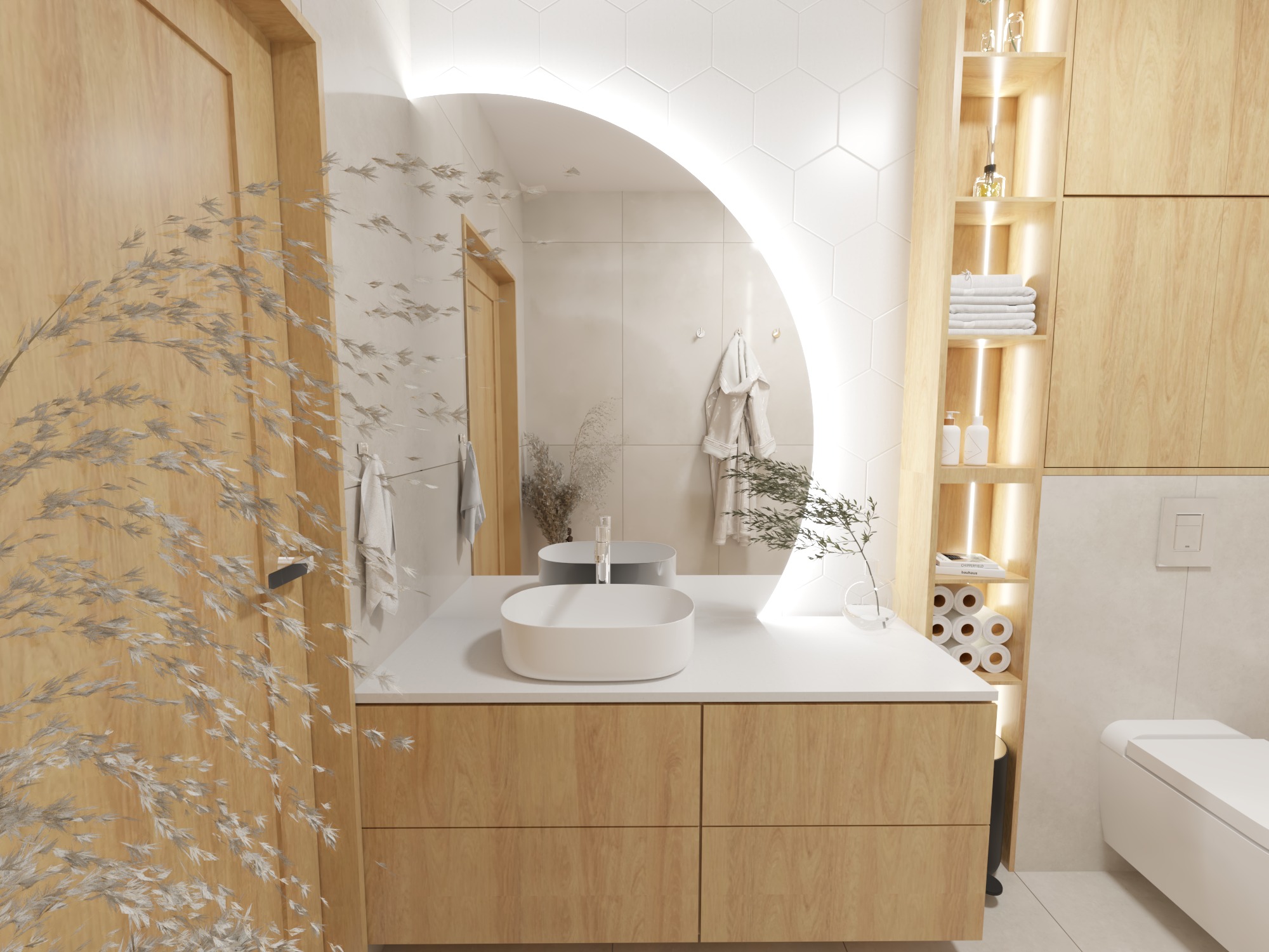 Jasna łazienka z drewnianymi akcentami: okrągłe podświetlane lustro, biała umywalka nablatowa, heksagonalne płytki na ścianie, drewniane szafki i półki z oświetleniem punktowym, minimalistyczna...