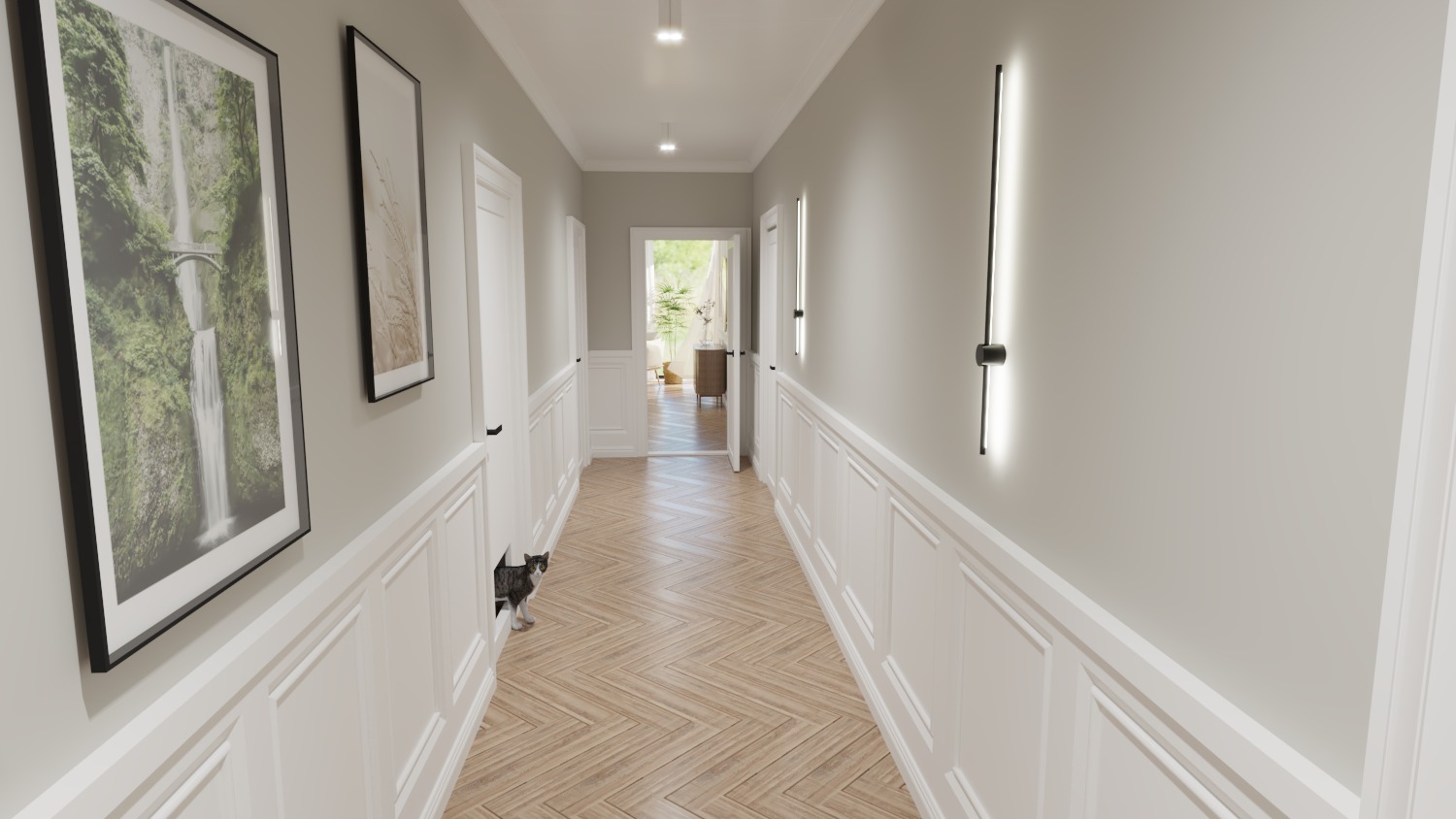 Długi korytarz z parkietem w jodełkę, białymi panelami ściennymi i nowoczesnym oświetleniem, ozdobiony obrazami w czarnych ramach. Kot wyglądający zza otwartych drzwi dodaje wnętrzu przytulności.