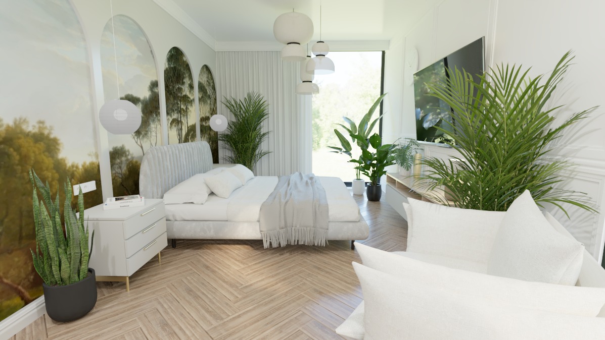 Jasna sypialnia z łóżkiem, szafką nocną i roślinami w doniczkach, z parkietem ułożonym w jodełkę i malowidłami na ścianie.