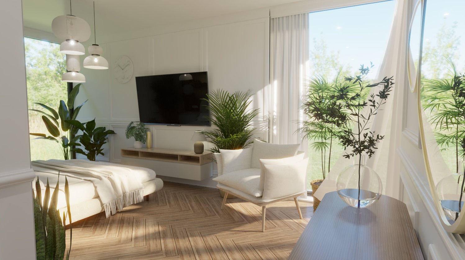 Jasne wnętrze salonu z drewnianą podłogą, białymi meblami, telewizorem na ścianie i dużą ilością roślin doniczkowych, widok z perspektywy wejścia.