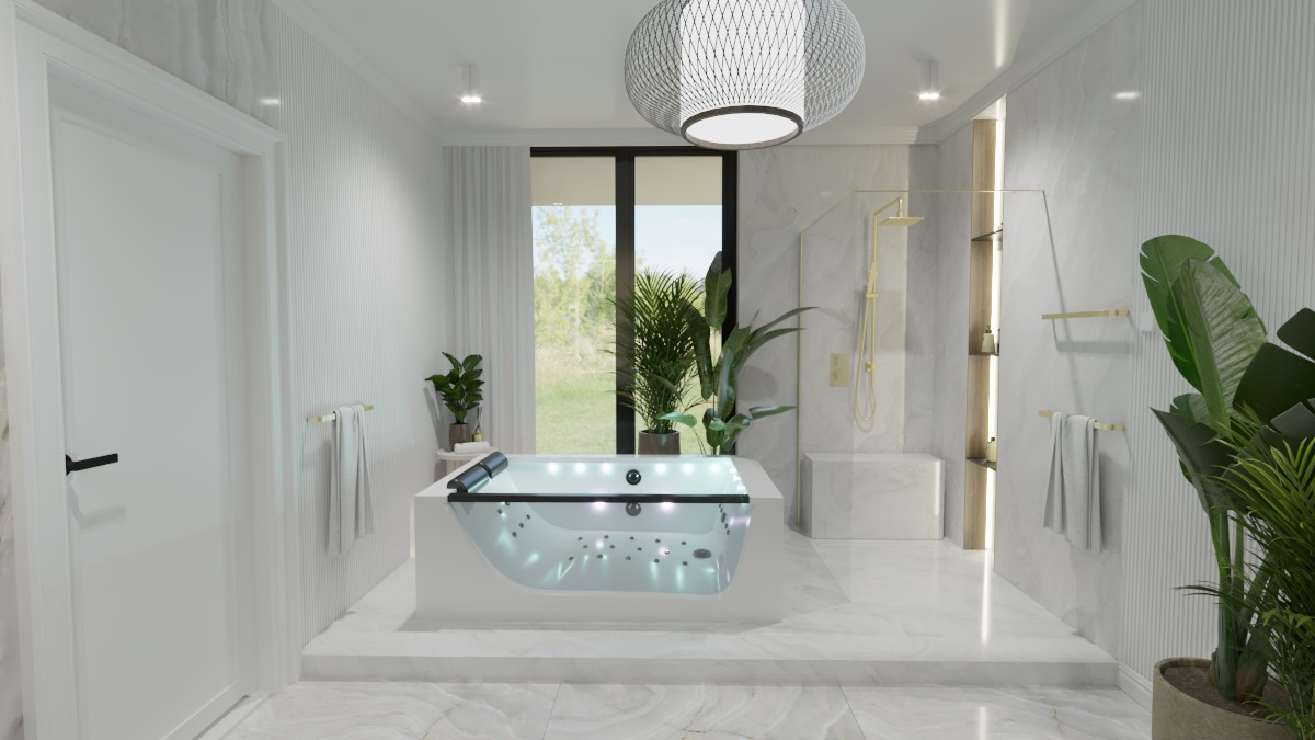 Nowoczesna łazienka z wanną z hydromasażem, marmurową podłogą i ścianami, oświetleniem LED i roślinami doniczkowymi.