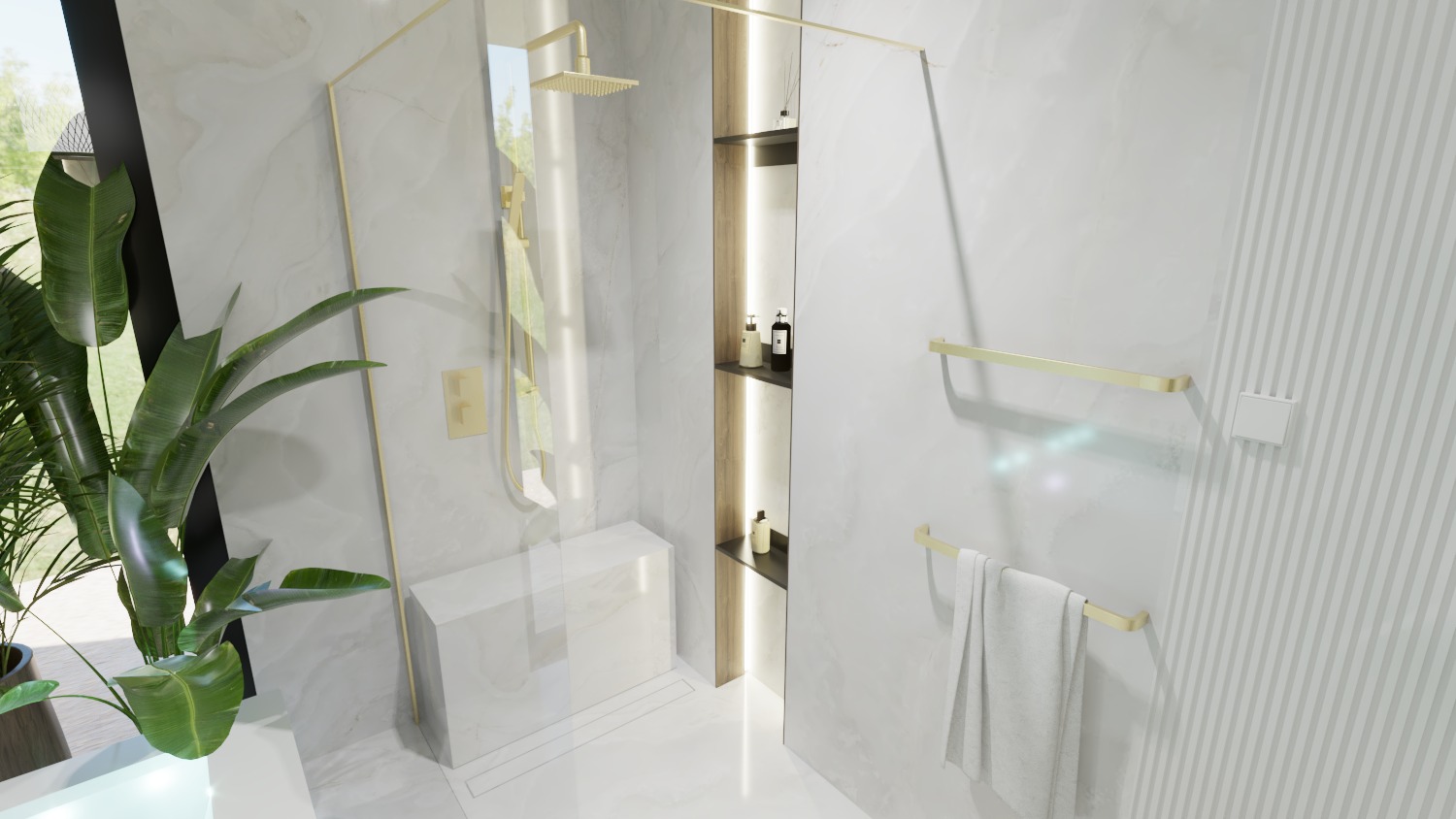 Nowoczesna łazienka z kabiną prysznicową typu walk-in, marmurowymi ścianami, złotymi akcentami, wbudowanymi półkami z oświetleniem LED i egzotyczną rośliną w rogu.