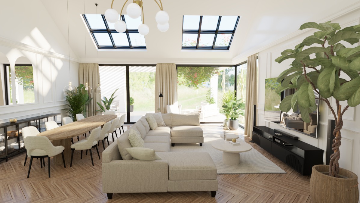 Jasne, przestronne wnętrze salonu z jadalnią, beżowa sofa narożna, duży drewniany stół otoczony krzesłami, parkiet w jodełkę, okna dachowe i duże okna z widokiem na ogród, nowoczesne oświetlenie.