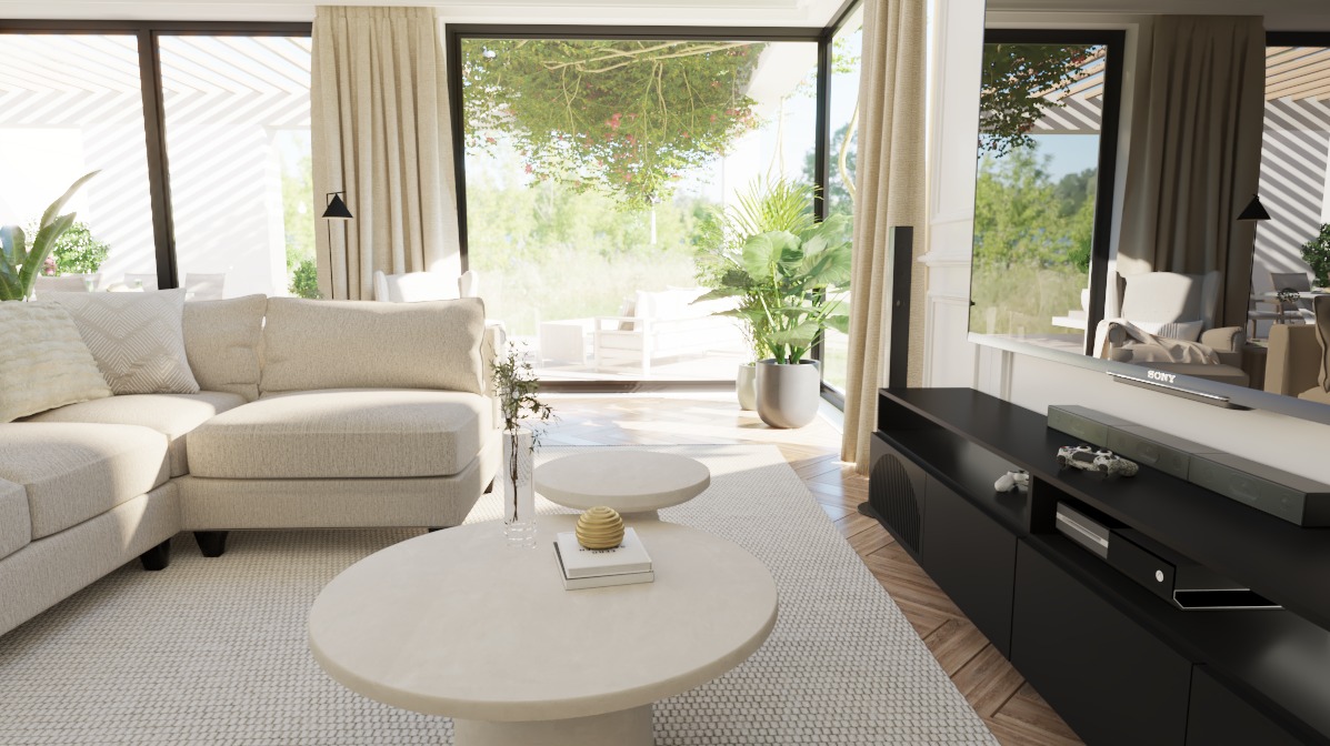 Jasne, przestronne wnętrze salonu z narożną sofą, okrągłymi stolikami kawowymi i widokiem na ogród przez duże okna.