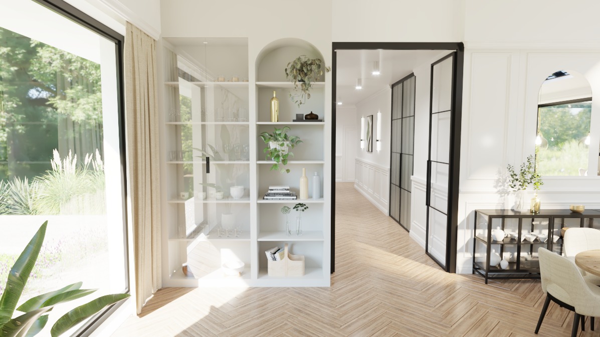 Jasne, przestronne wnętrze z parkietem w jodełkę, białym regałem z dekoracjami, przeszklonymi drzwiami i widokiem na zieleń za oknem.