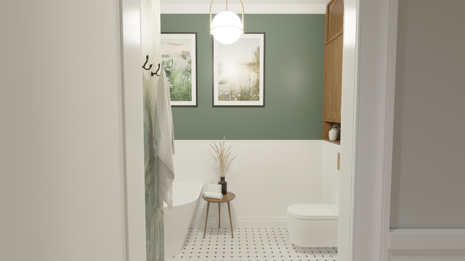 Nowoczesna łazienka z wanną wolnostojącą, zieloną ścianą, białymi panelami ściennymi, czarno-białą podłogą w kratkę i drewnianą szafką wiszącą.