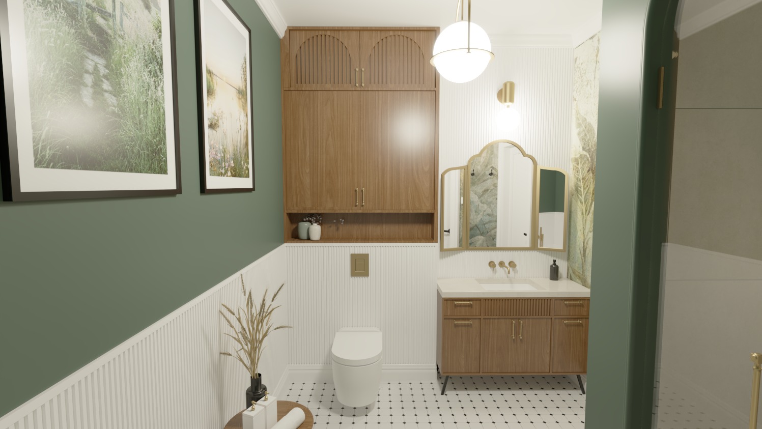 Nowoczesna łazienka z drewnianymi szafkami, dekoracyjnym lustrem i toaletą, uzupełniona obrazami z motywami roślinnymi i minimalistyczną dekoracją z suszonych traw.