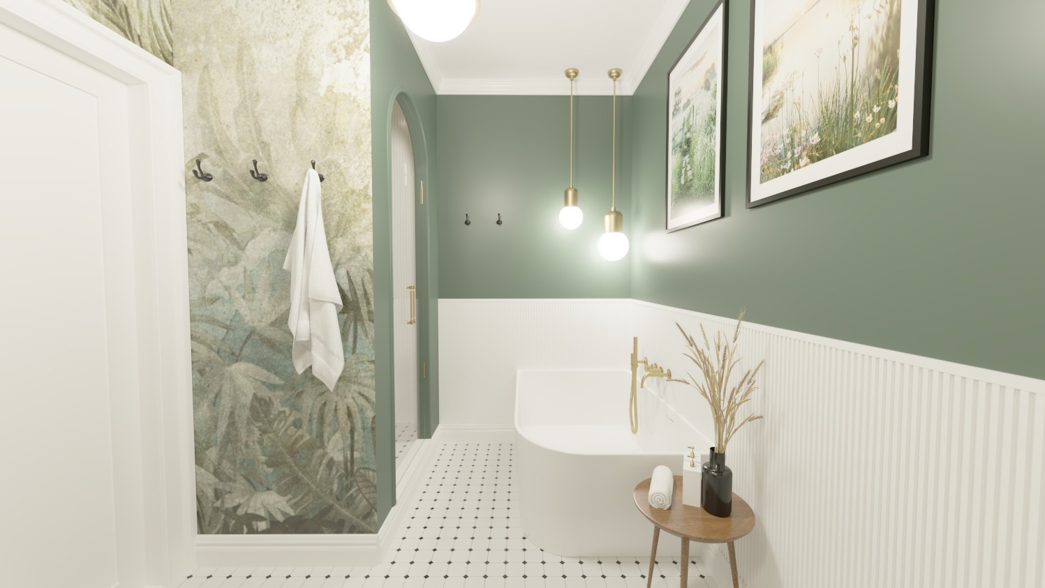 Wizualizacja nowoczesnej łazienki z wanną wolnostojącą, zielonymi ścianami, tapetą w tropikalne liście i złotymi akcentami, takimi jak armatura i lampy wiszące.
