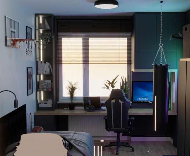 Pokój młodzieżowy z biurkiem, komputerem, wiszącym workiem bokserskim i koszem do koszykówki na ścianie.