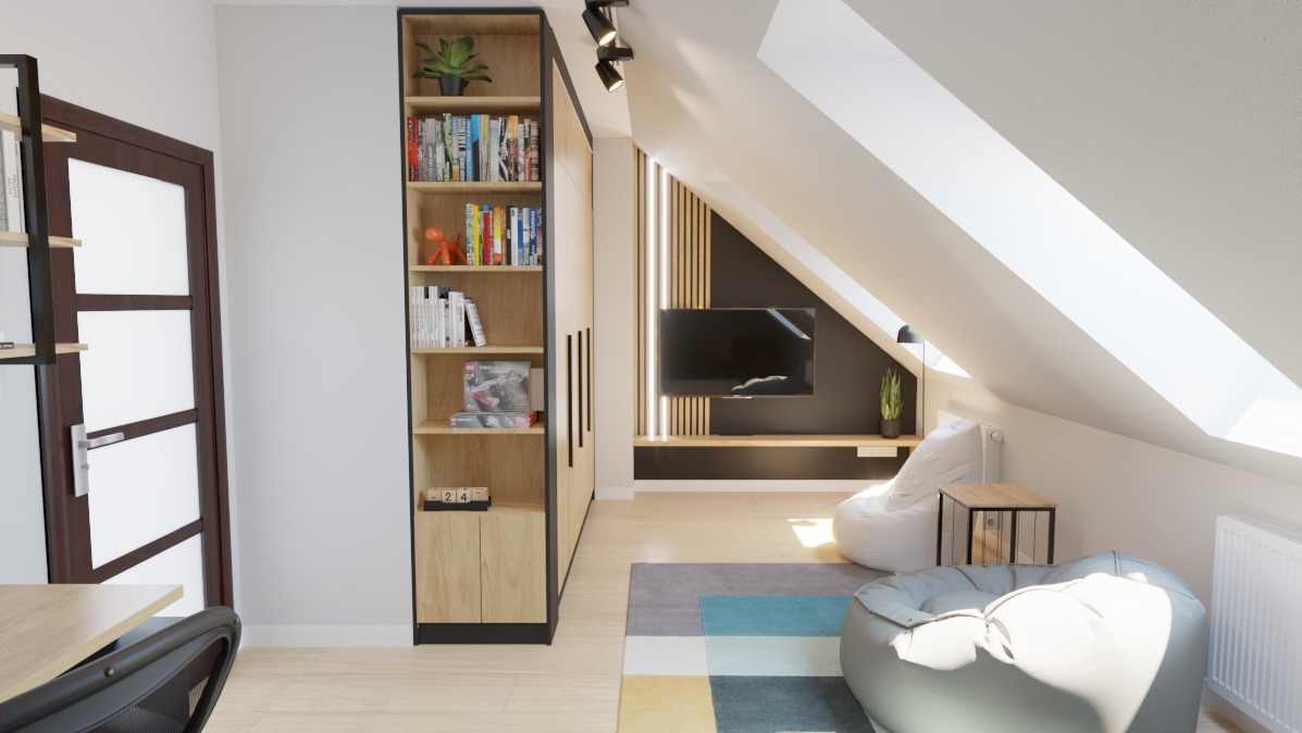 Nowoczesny pokój na poddaszu z regałem na książki, telewizorem na ścianie, pufami do siedzenia i oknami dachowymi.