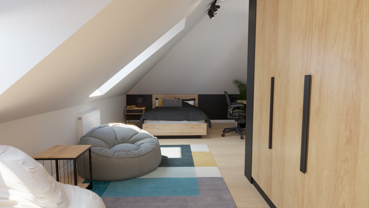 Pokój na poddaszu z łóżkiem, biurkiem, szafą i pufami, oświetlony światłem wpadającym przez okno dachowe.