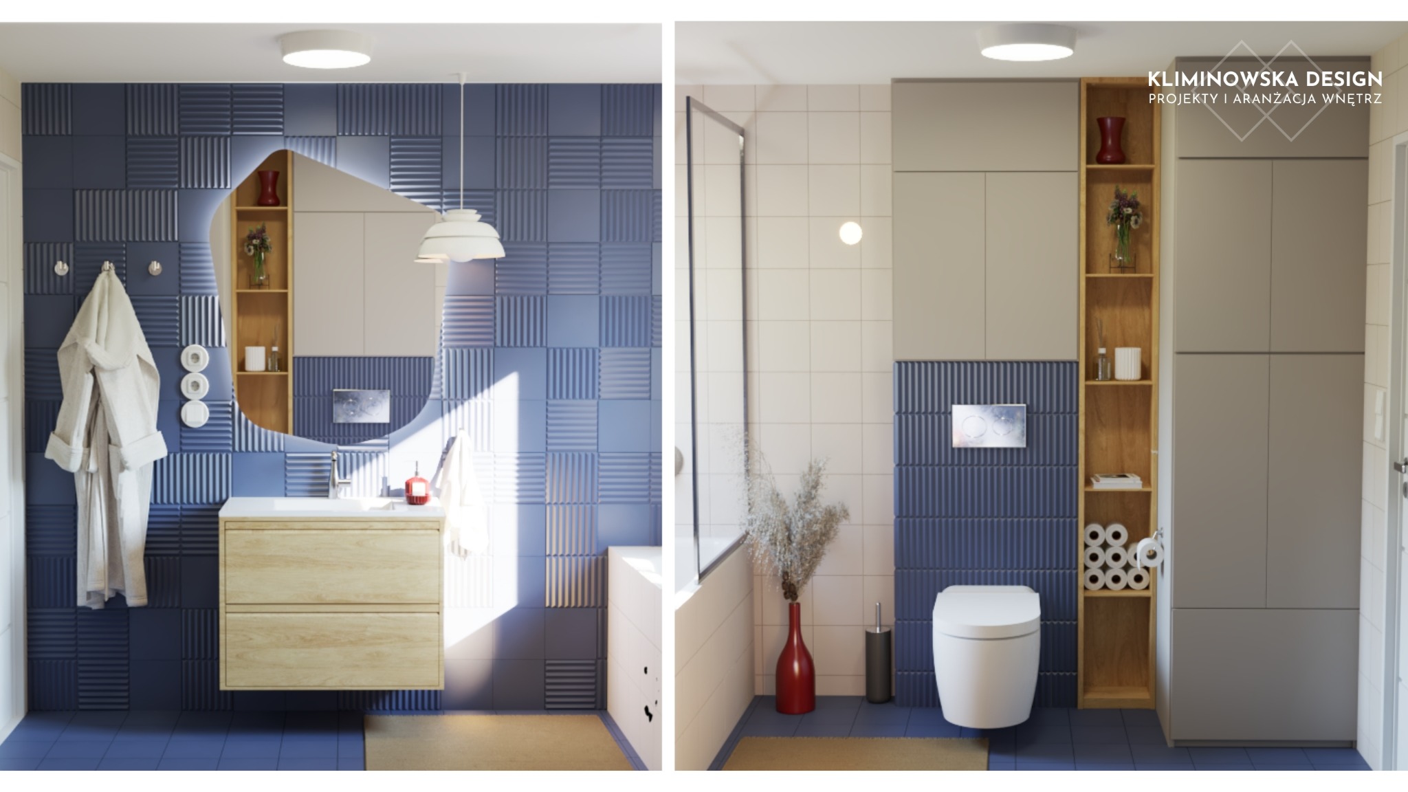 Nowoczesna łazienka z niebieskimi płytkami 3D, drewnianą szafką pod umywalką i lustrem o nieregularnym kształcie, obok toaleta i szafka z zapasem papieru toaletowego oraz logo firmy Kliminowska...