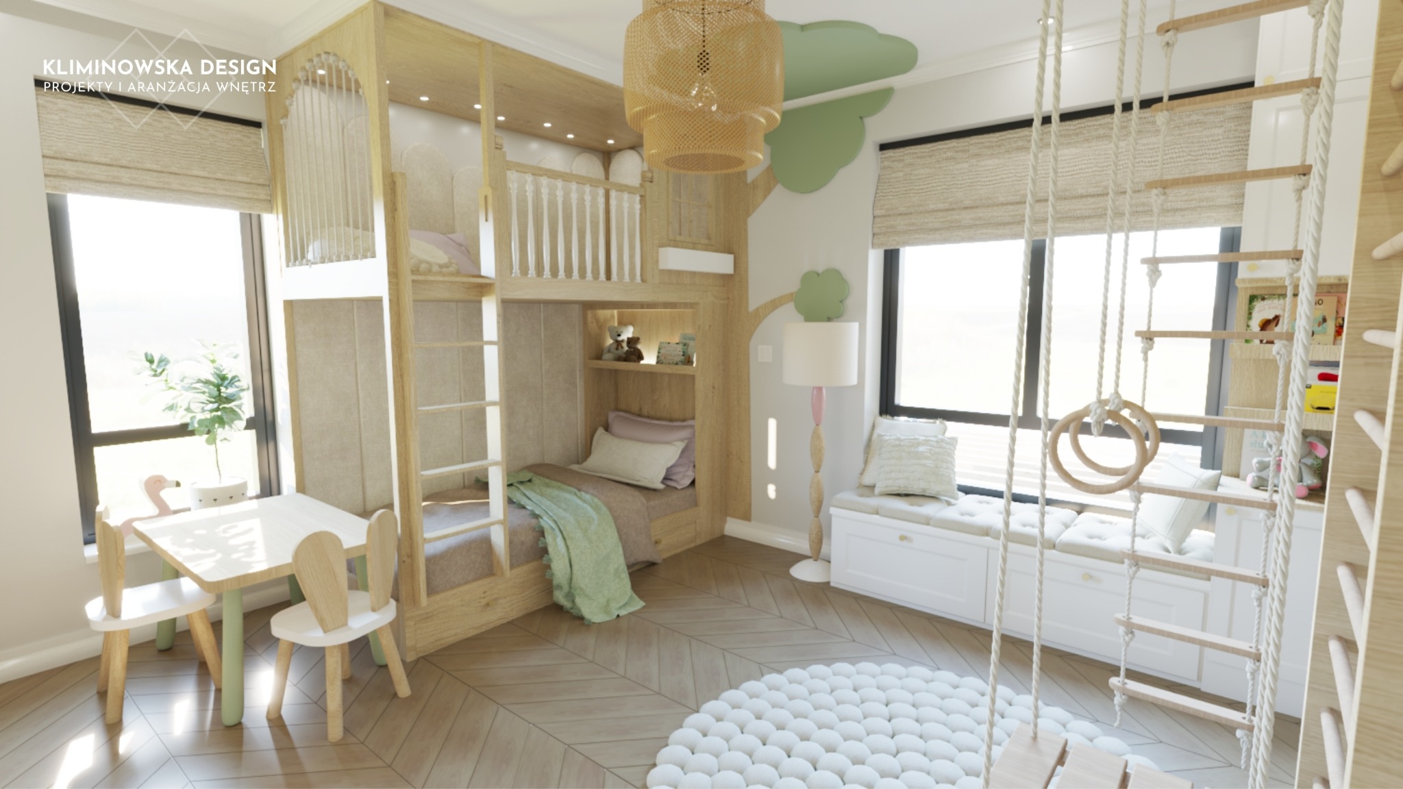 Wizualizacja pokoju dziecięcego z łóżkiem piętrowym w formie domku, drabinkami gimnastycznymi, okrągłym pufem i stolikiem z krzesełkami w pastelowych barwach.