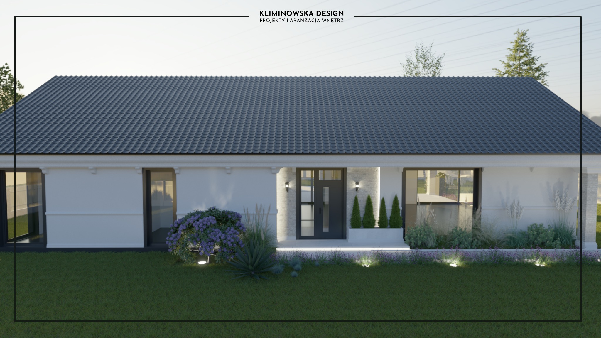 Wizualizacja elewacji parterowego domu z ciemnoszarą dachówką, białymi ścianami i nowoczesnymi oknami, otoczonego zielonym trawnikiem z ozdobnym oświetleniem i roślinnością.