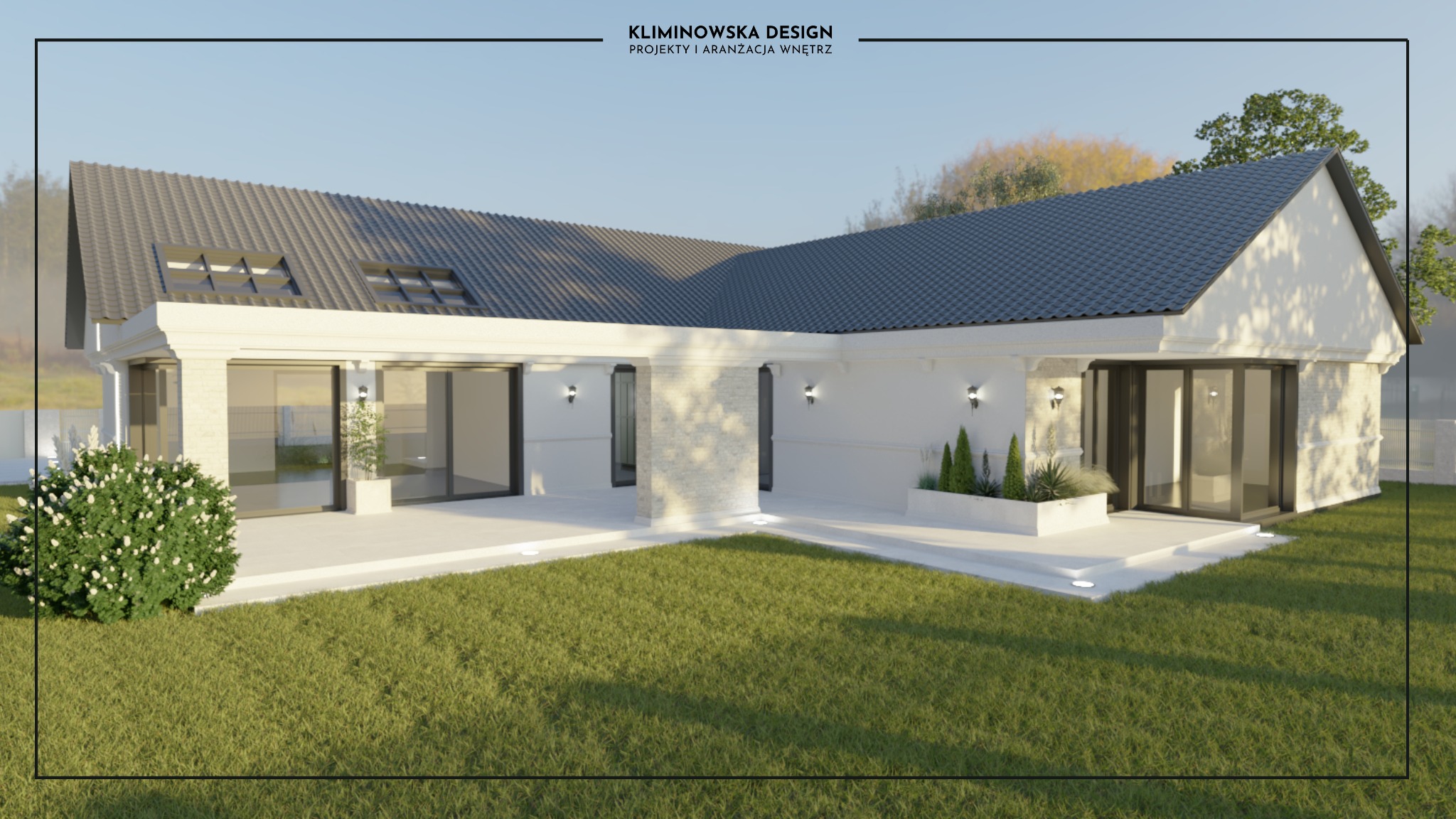 Wizualizacja parterowego domu z białymi ścianami, ciemnoszarym dachem i dużymi oknami przesuwnymi, otoczona trawnikiem i niską roślinnością.