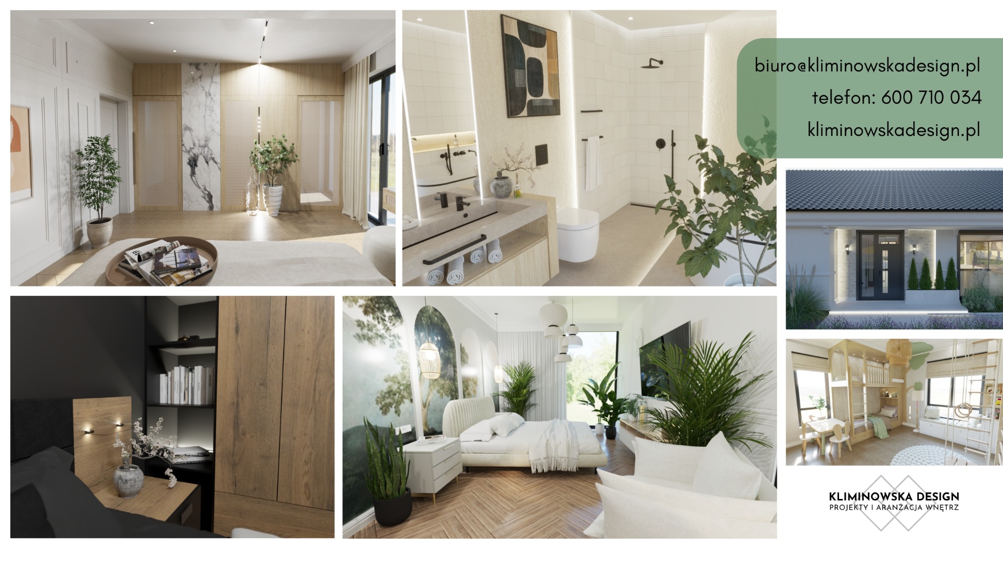 Kompilacja wizualizacji wnętrz: sypialnia z marmurową ścianą, łazienka z beżowymi płytkami, pokój dziecięcy z łóżkiem piętrowym i wizualizacja elewacji budynku.