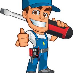 Elektryk Rokietnica - ELEKTRO-PROGRES - Instalacje Elektryczne - Kreskówkowy elektryk w niebieskim kombinezonie i czapce, z multimetrem na pasku i śrubokrętem na ramieniu, pokazuje kciuk w górę.