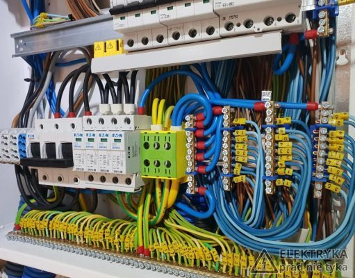 Rozdzielnica elektryczna z zabezpieczeniami przepięciowymi i różnicowoprądowymi, okablowanie w kolorach niebieskim i żółto-zielonym, listwy zaciskowe z numeracją.