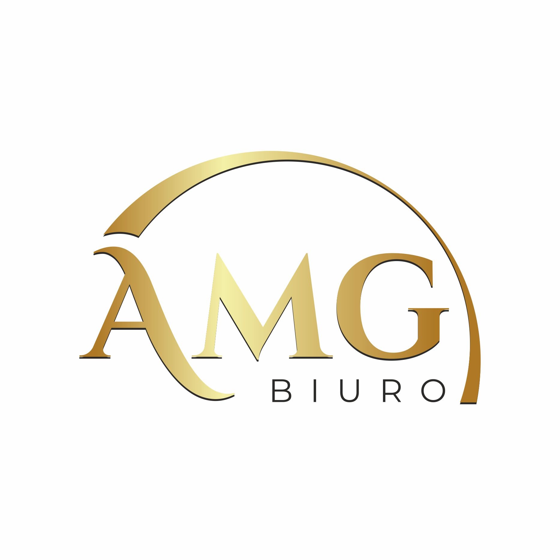 Złote logo firmy AMG Biuro na białym tle, z napisem 'BIURO' poniżej inicjałów.