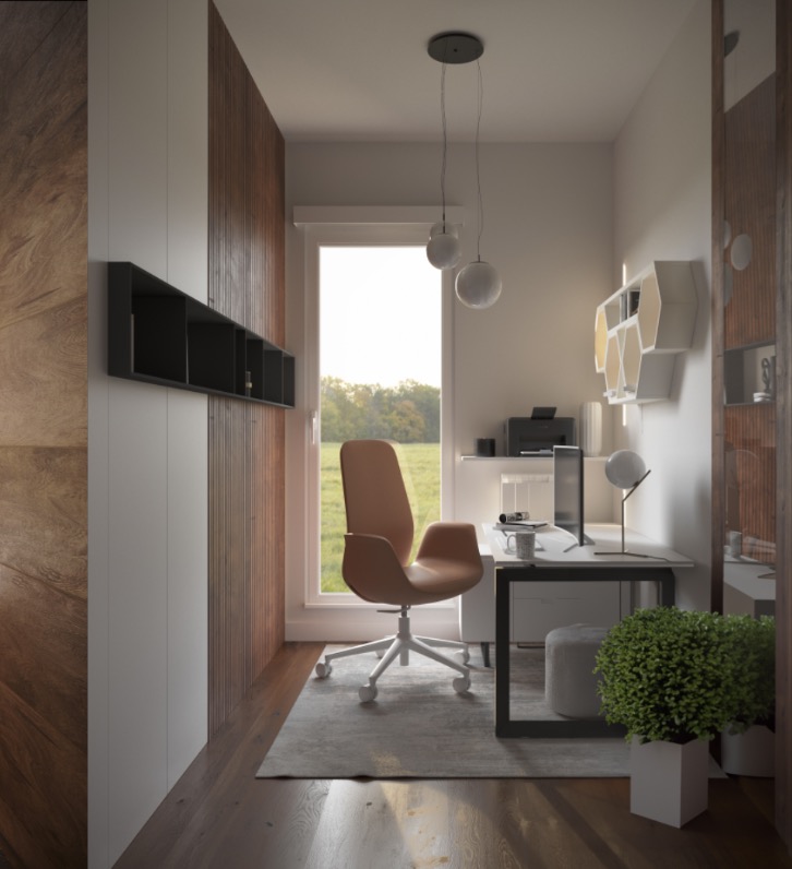 Nowoczesne biuro domowe w Warszawie z minimalistycznym biurkiem, ergonomicznym krzesłem w kolorze karmelowym, oświetleniem sufitowym z trzema kulami i półkami w kształcie plastra miodu na ścianie.