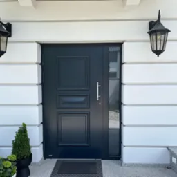 Eleganckie, ciemne drzwi wejściowe z ozdobnymi panelami, oświetlone dwoma klasycznymi, czarnymi latarniami, na tle białej, kasetonowej elewacji z roślinami w donicach u podstawy.