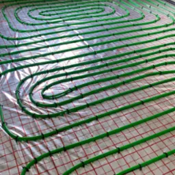 Zielone rury ogrzewania podłogowego ułożone spiralnie na folii z nadrukowaną siatką w kolorze czerwonym, przymocowane czarnymi opaskami zaciskowymi.