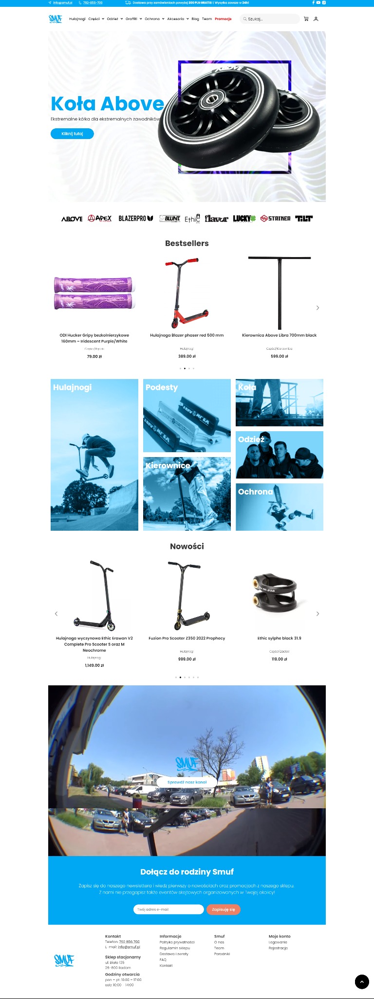 Strona sklepu internetowego z artykułami do hulajnóg wyczynowych, prezentująca koła, hulajnogi, gripy, kierownice i inne akcesoria, z sekcjami 'Bestsellery' i 'Nowości' oraz formularzem zapisu...