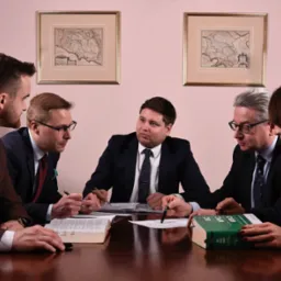 Grupa pięciu osób w garniturach siedzi przy drewnianym stole, analizując dokumenty i kodeksy prawne, w tle wiszą oprawione mapy.