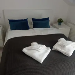 Czysta pościel na łóżku z ciemnym pledem i złożonymi ręcznikami w schludnym pokoju z białymi ścianami i szafkami nocnymi. Roślina w doniczce na szafce nocnej.