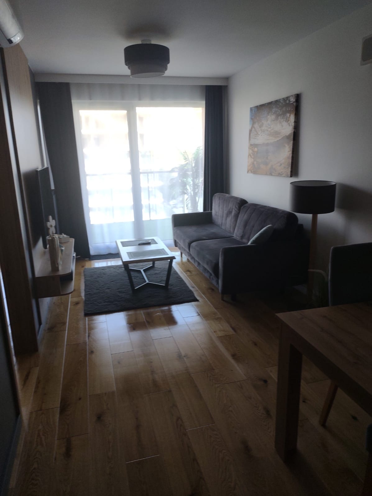 Jasny salon z drewnianą podłogą, szarą sofą i stolikiem kawowym na ciemnym dywanie. Obraz na ścianie i lampa stojąca dodają przytulności.