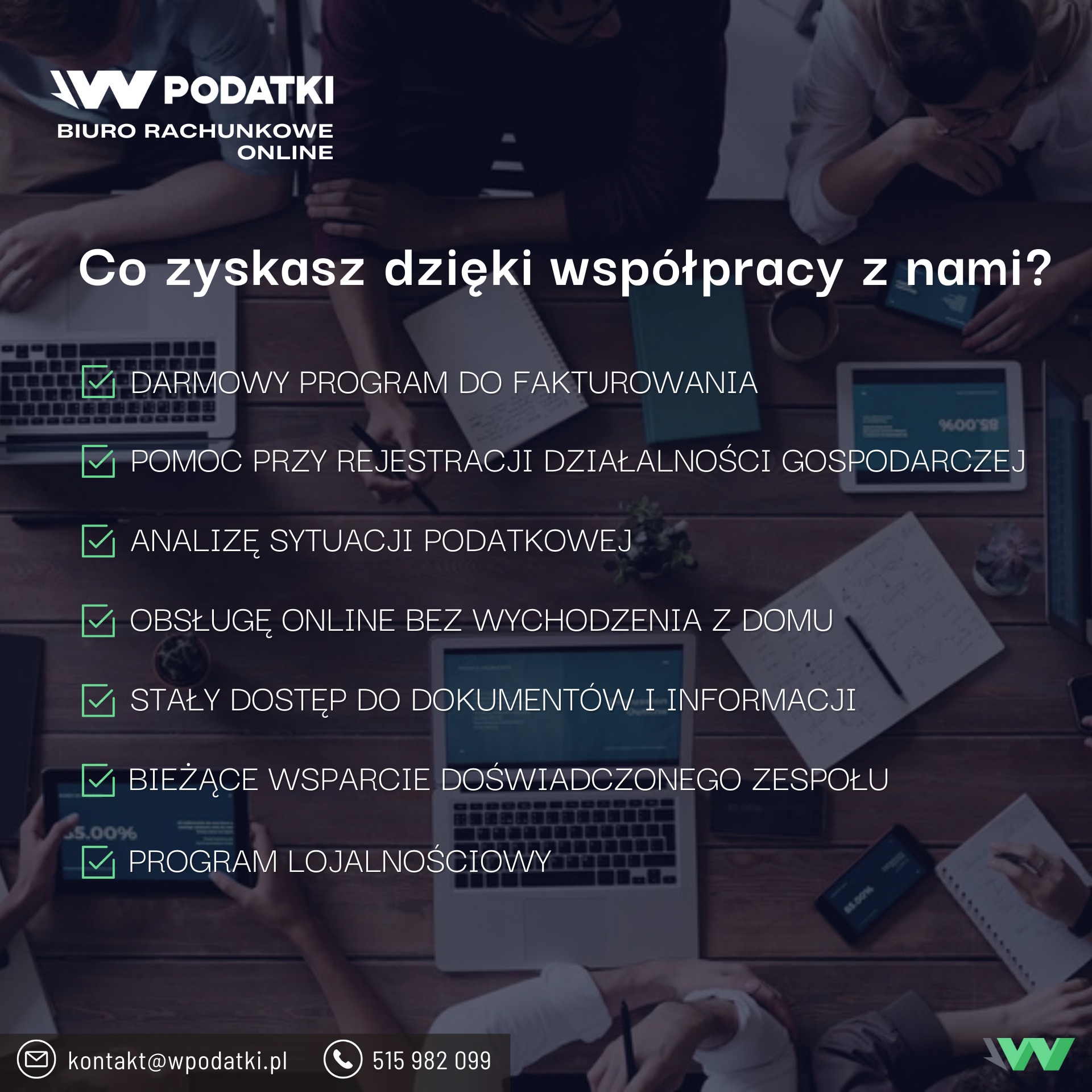 Biuro rachunkowe online prezentuje korzyści współpracy: darmowy program do fakturowania, pomoc przy rejestracji działalności, analizę podatkową, obsługę online, stały dostęp do dokumentów, wsparcie...