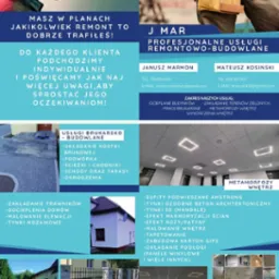 Ulotka reklamowa firmy remontowo-budowlanej z ofertą usług, numerami telefonów i adresami e-mail. Na ulotce zdjęcia realizacji: elewacja budynku, kostka brukowa, wnętrza z podwieszanym sufitem...