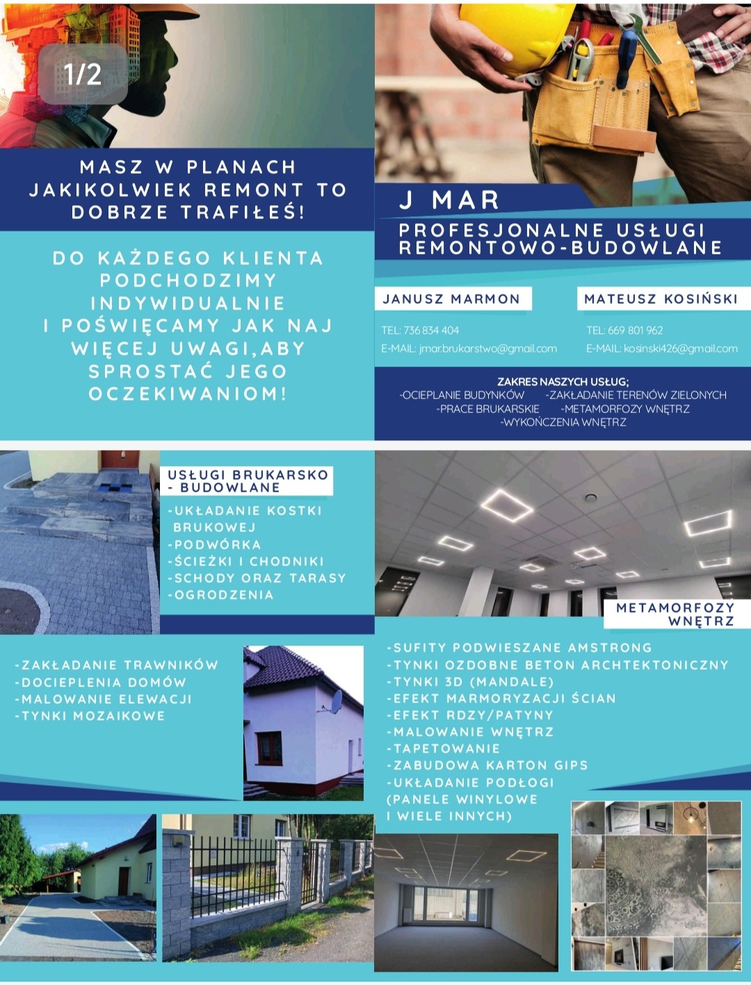 Ulotka reklamowa firmy remontowo-budowlanej z ofertą usług, numerami telefonów i adresami e-mail. Na ulotce zdjęcia realizacji: elewacja budynku, kostka brukowa, wnętrza z podwieszanym sufitem...