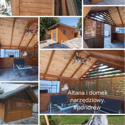 Pdn.drew - Kolaż zdjęć przedstawiający drewnianą altanę z żaluzjowymi ścianami, widok z zewnątrz i od wewnątrz, oraz domek narzędziowy w podobnym stylu, całość utrzymana w ciepłej tonacji brązu.
