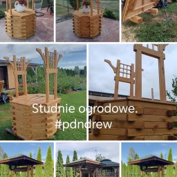 Pdn.drew - Drewniana studnia ogrodowa z daszkiem, wykonana z surowego drewna, prezentowana w różnych ujęciach na tle zieleni ogrodowej i zabudowań.