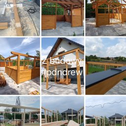 Pdn.drew - Kolaż dziewięciu zdjęć przedstawiających etapy budowy drewnianej konstrukcji ogrodowej z częściowo zabudowanymi ścianami, widoczne elementy wykończeniowe i narzędzia na tle domu i ogrodu.