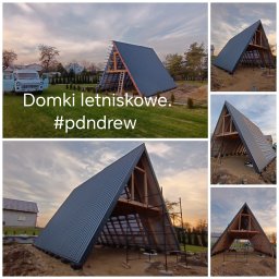 Pdn.drew - Wielopanelowe ujęcie domku letniskowego w kształcie litery A w trakcie budowy, z widocznymi elementami konstrukcyjnymi, blachą na dachu, rusztowaniami i samochodem dostawczym w tle.