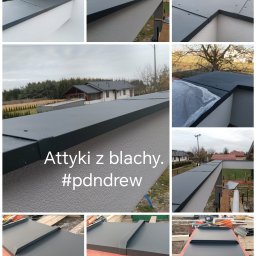 Pdn.drew - Szare, metalowe obróbki blacharskie na attyce budynku, widoczne detale łączeń i mocowań, tło stanowią budynki mieszkalne i pochmurne niebo, na dole zdjęcia widoczne przygotowane elementy...