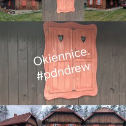 Pdn.drew - Dom z bali z drewnianymi, dekoracyjnymi okiennicami w kształcie serc, malowanymi na czerwono, otoczony zielenią.