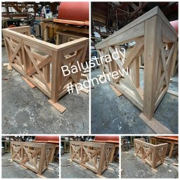 Pdn.drew - Surowa, drewniana balustrada z krzyżowymi wzmocnieniami, ustawiona na warsztatowym podłożu z widocznymi śladami obróbki drewna i narzędziami w tle.