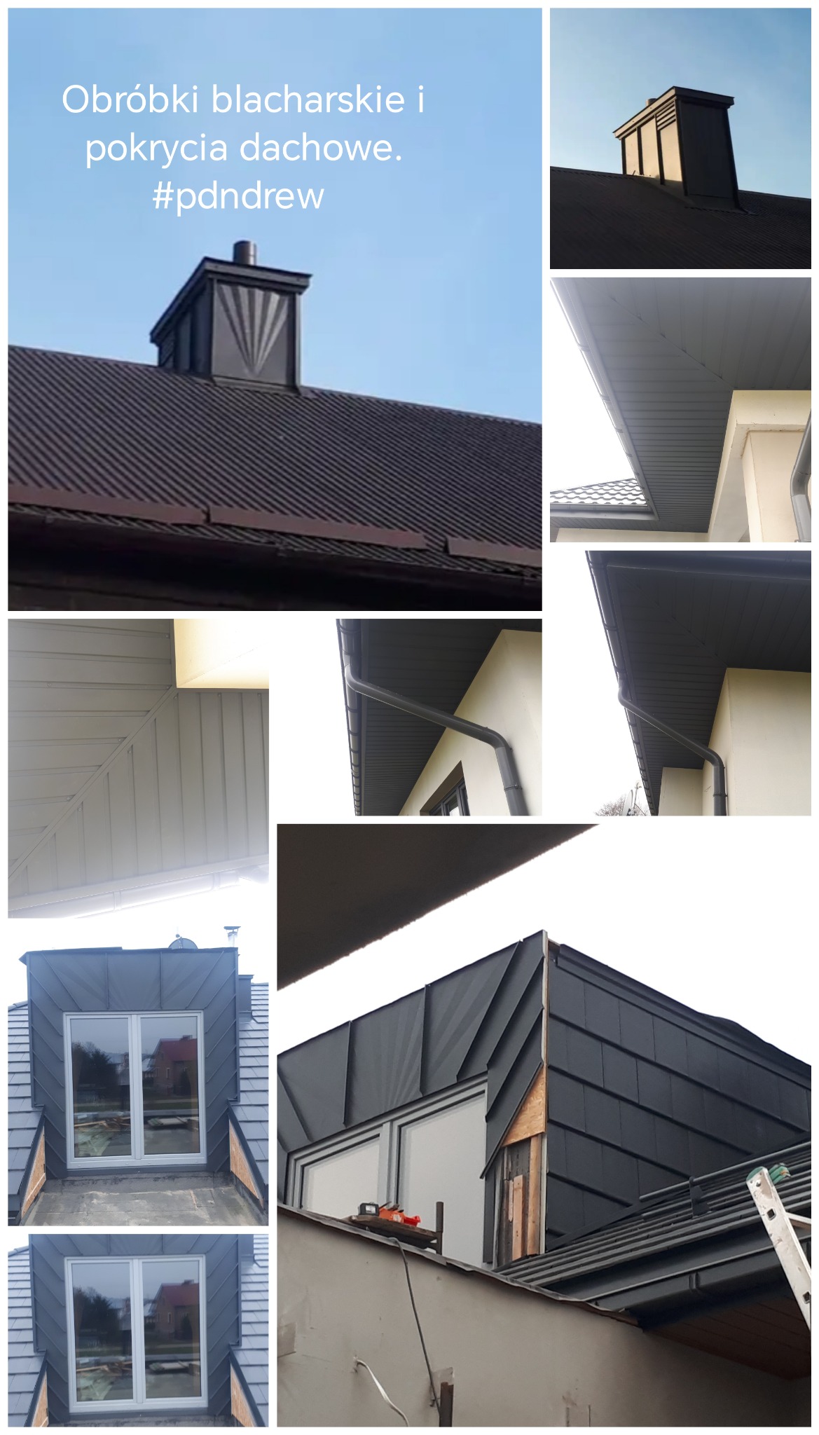 Kompozycja zdjęć prezentująca detale wykończenia dachu: obróbki blacharskie komina z dekoracyjnym wzorem, rynny, podbitka dachowa oraz okno dachowe z fragmentem elewacji w trakcie montażu.