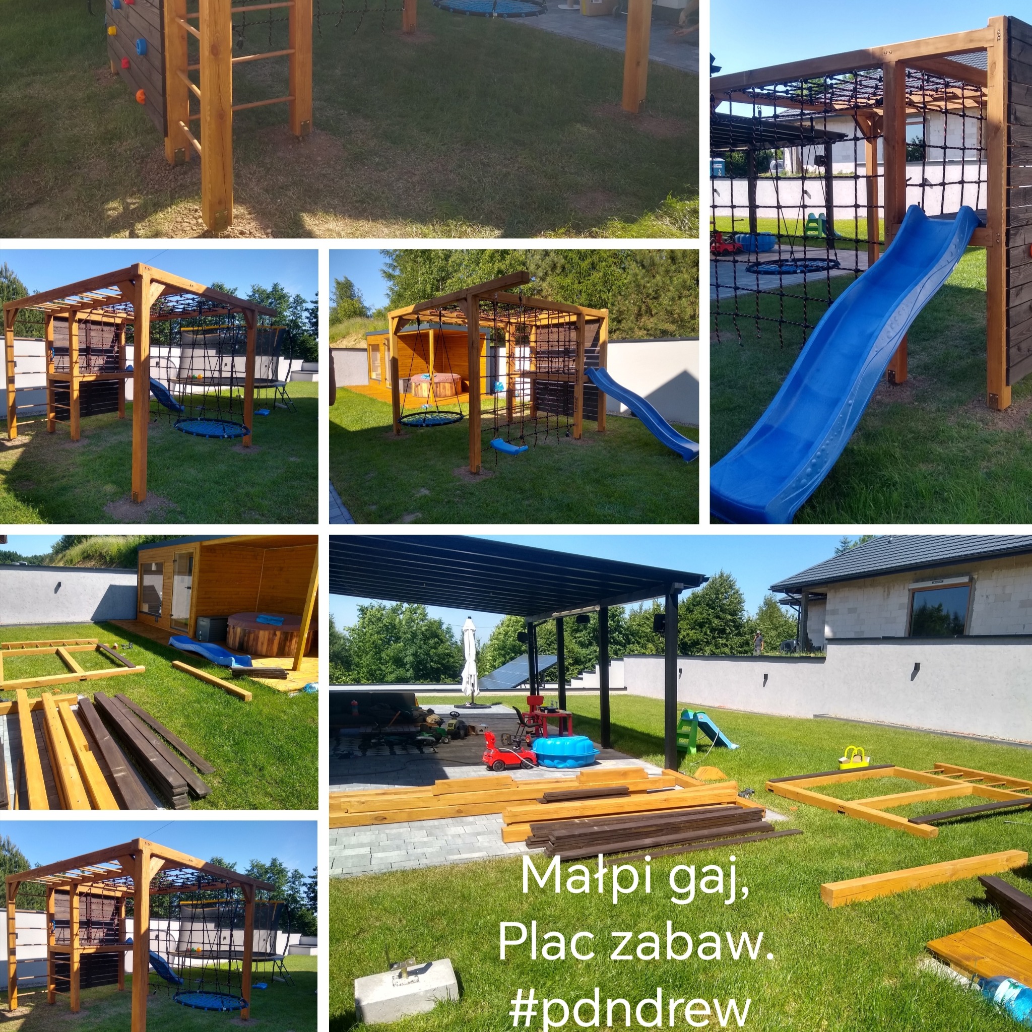 Kompozycja zdjęć przedstawiająca budowę drewnianego placu zabaw z elementami wspinaczkowymi, siatką, huśtawką typu gniazdo i zjeżdżalnią, na trawiastym terenie.