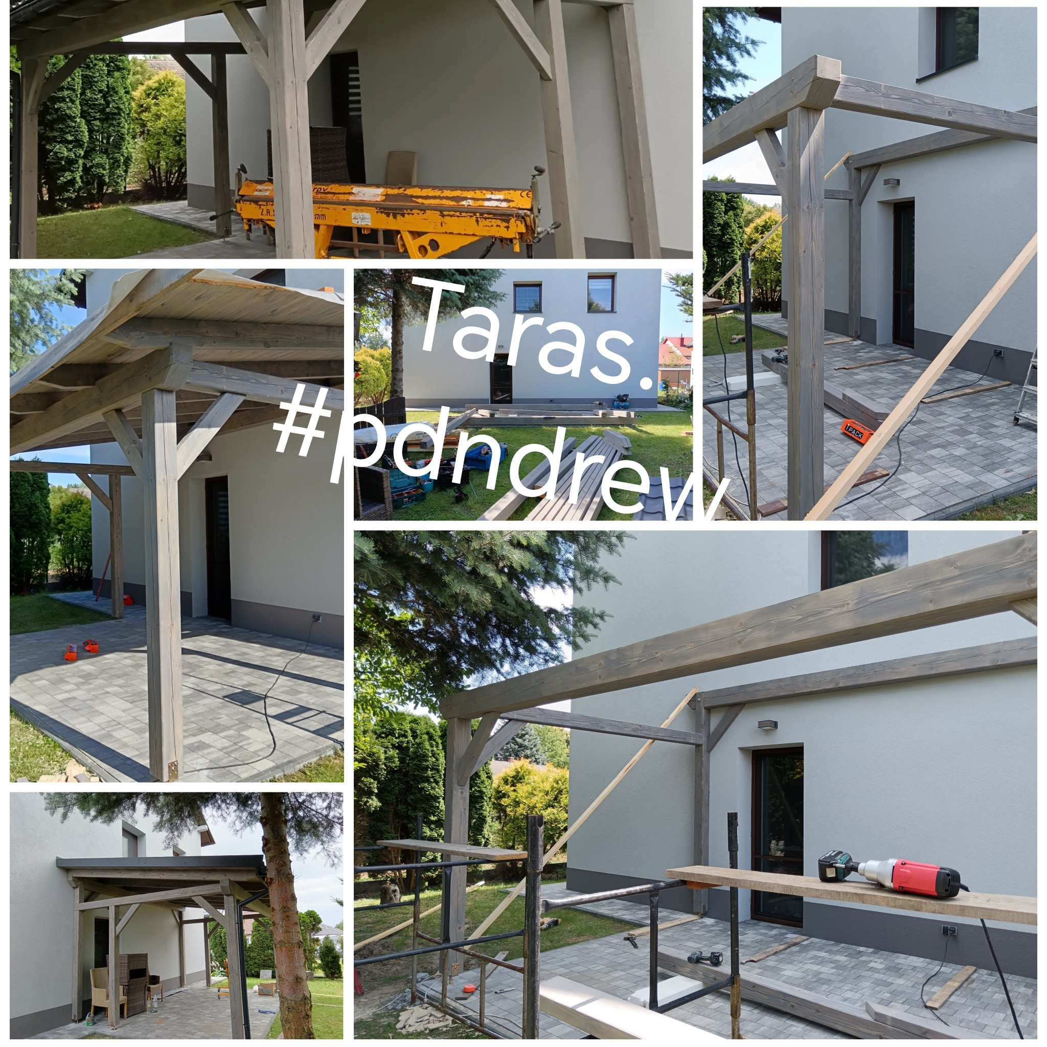 Montaż drewnianej konstrukcji z belek na tarasie, widoczne narzędzia i rusztowanie, w tle budynek mieszkalny i zieleń.