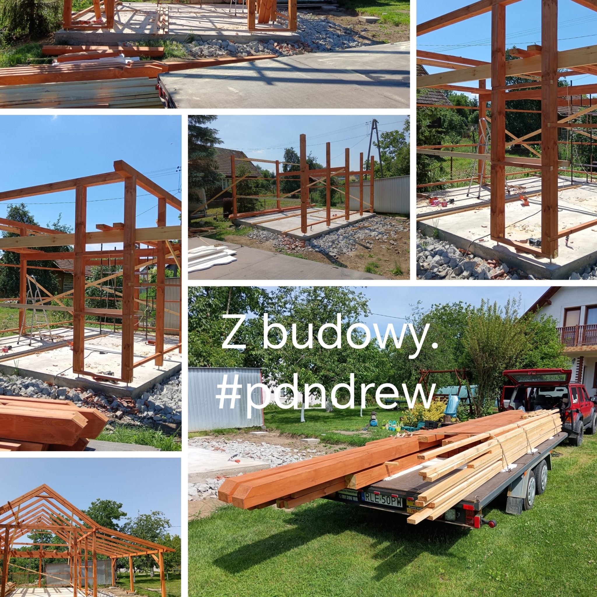 Montaż drewnianej konstrukcji szkieletowej altany lub pergoli na betonowej podstawie, widoczne drewniane elementy konstrukcyjne na przyczepie samochodowej.