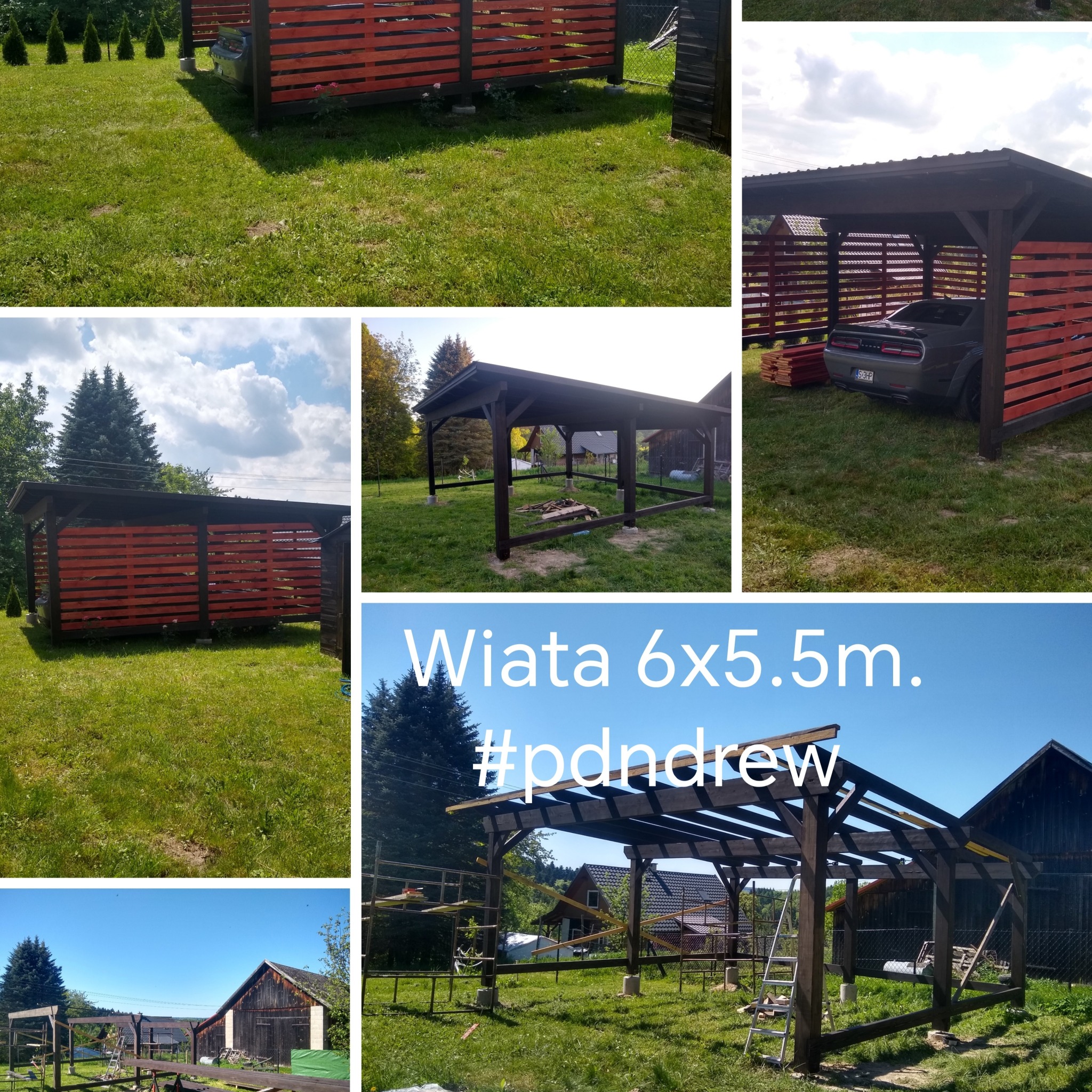 Kompozycja kilku zdjęć przedstawiających budowę drewnianej konstrukcji z elementami w kolorze czerwonym, prawdopodobnie wiata samochodowa, na różnych etapach realizacji, z widocznym samochodem...