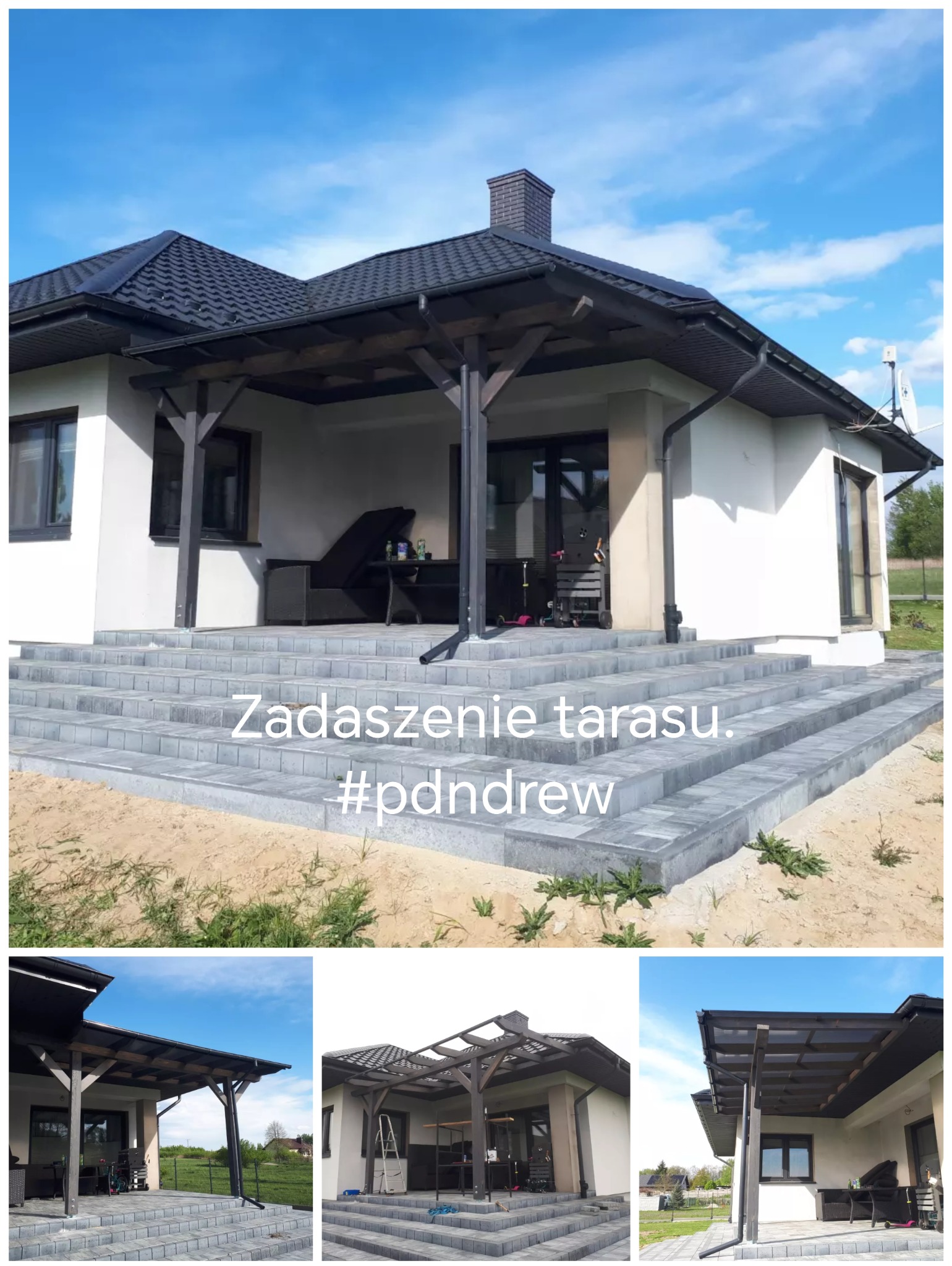 Zadaszony taras z szarych płyt ułożonych schodkowo przed nowoczesnym domem z ciemną dachówką i drewnianą konstrukcją zadaszenia.