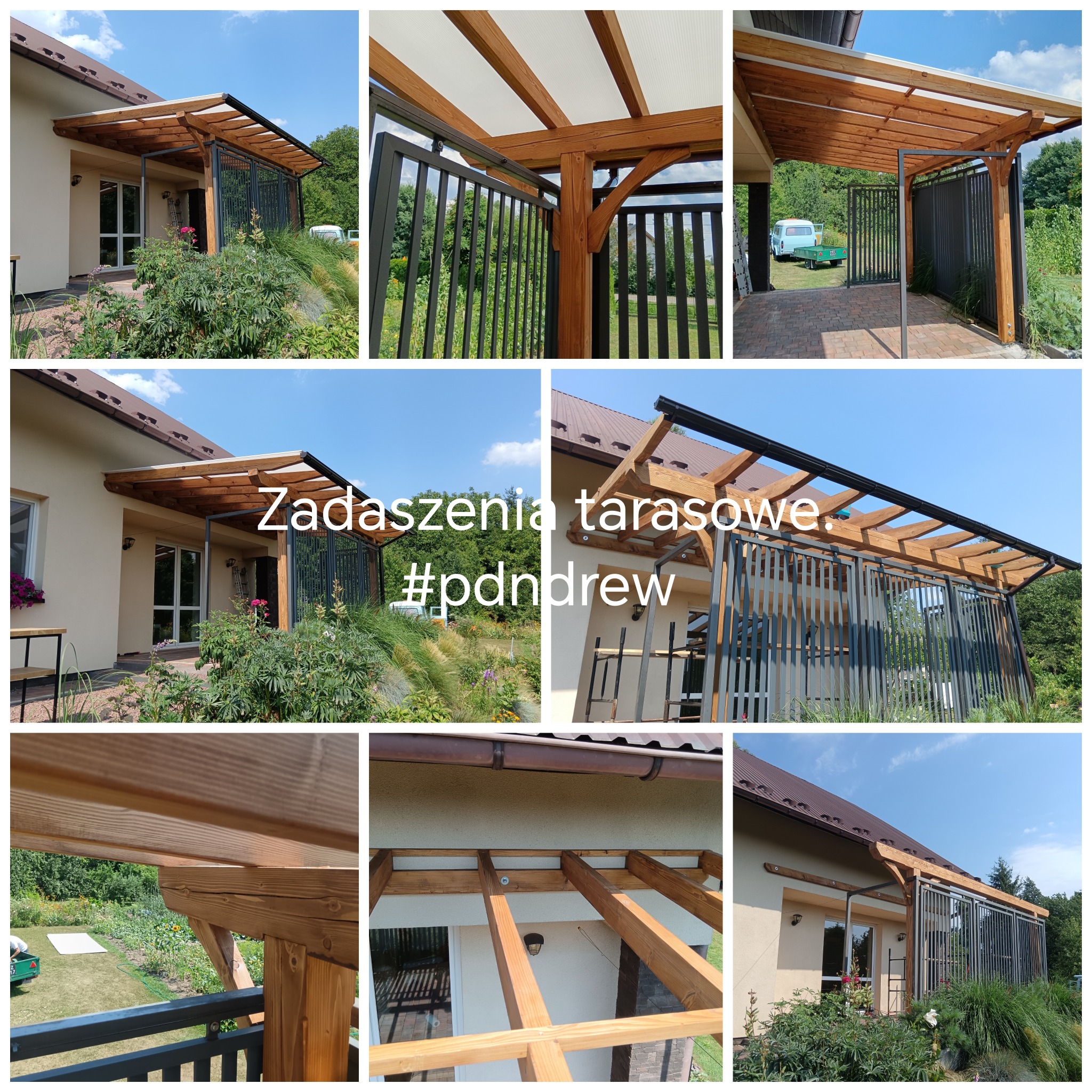 Drewniana pergola z metalowymi panelami bocznymi, przylegająca do domu w Sieniawie, z widoczną konstrukcją dachu i fragmentem ogrodu.