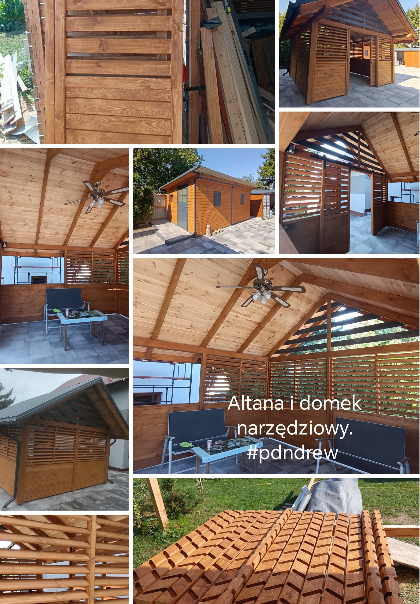 Kolaż zdjęć przedstawiający drewnianą altanę z żaluzjowymi ścianami, widok z zewnątrz i od wewnątrz, oraz domek narzędziowy w podobnym stylu, całość utrzymana w ciepłej tonacji brązu.