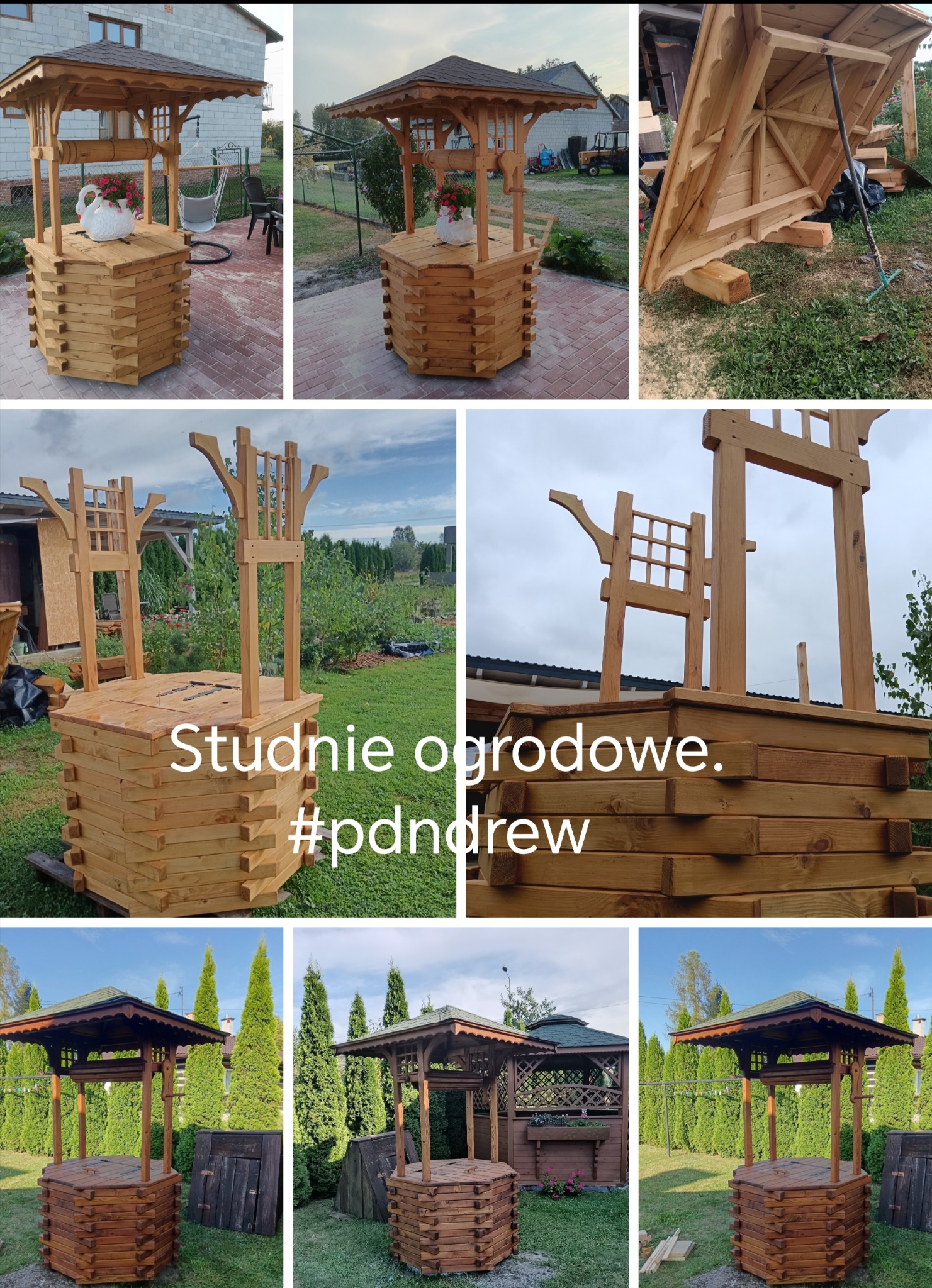 Drewniana studnia ogrodowa z daszkiem, wykonana z surowego drewna, prezentowana w różnych ujęciach na tle zieleni ogrodowej i zabudowań.