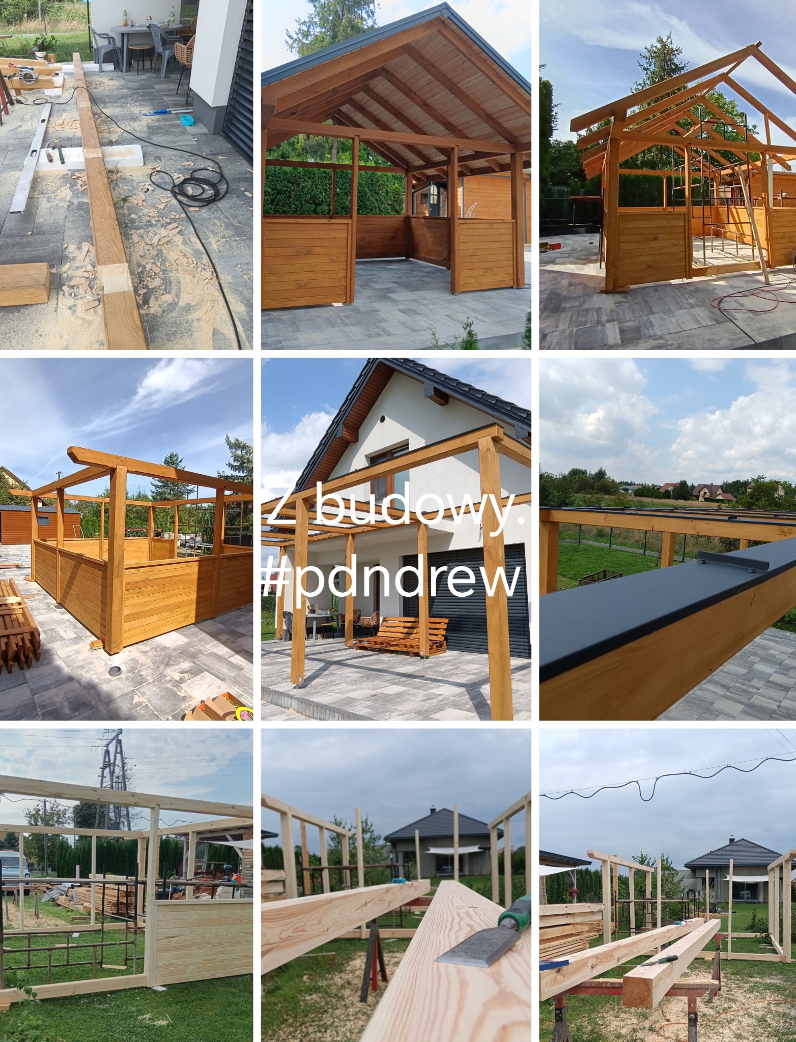 Kolaż dziewięciu zdjęć przedstawiających etapy budowy drewnianej konstrukcji ogrodowej z częściowo zabudowanymi ścianami, widoczne elementy wykończeniowe i narzędzia na tle domu i ogrodu.